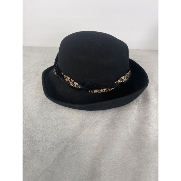 Womens Black 100% Wool Fedora Cheetah Print Trim Classic Classy Winter Outdoor - Picture 6 of 9